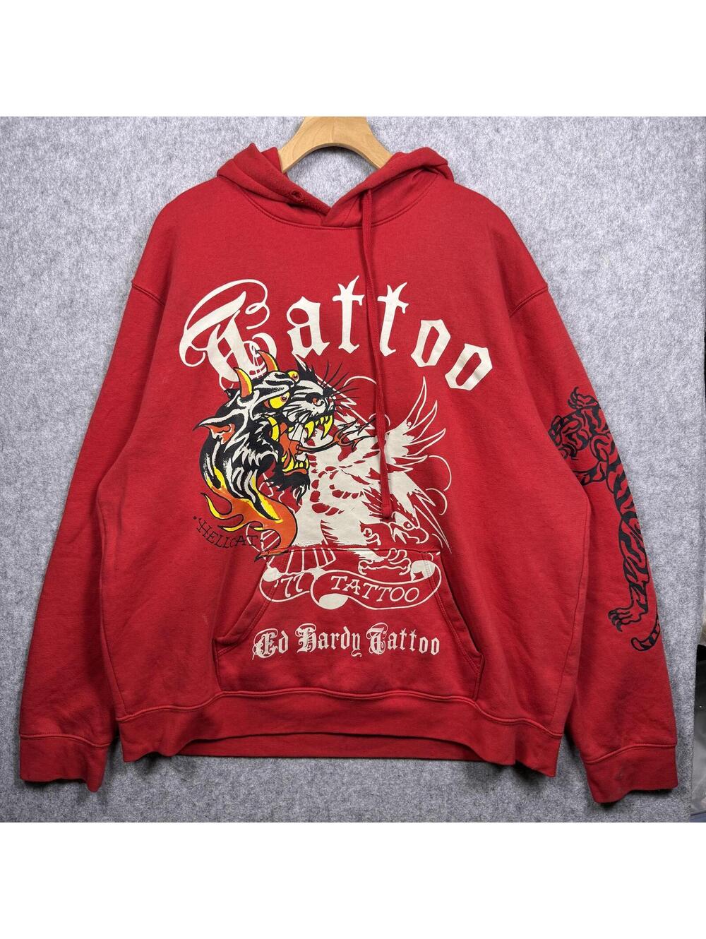 Y2K Ed Hardy Christian Audigier Tiger Tattoo Graphic Hoodie Red XL